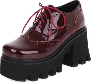 SHEMEE Women's Vintage Wingtip Oxfords Pumps Chunky Platform Block High Heel Round Toe Lace Up Gothic Brogue Shoes