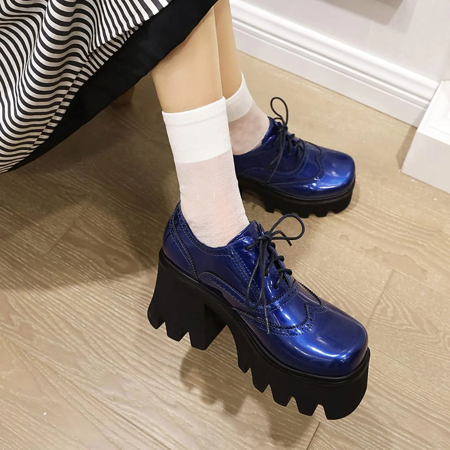SHEMEE Women's Vintage Wingtip Oxfords Pumps Chunky Platform Block High Heel Round Toe Lace Up Gothic Brogue Shoes