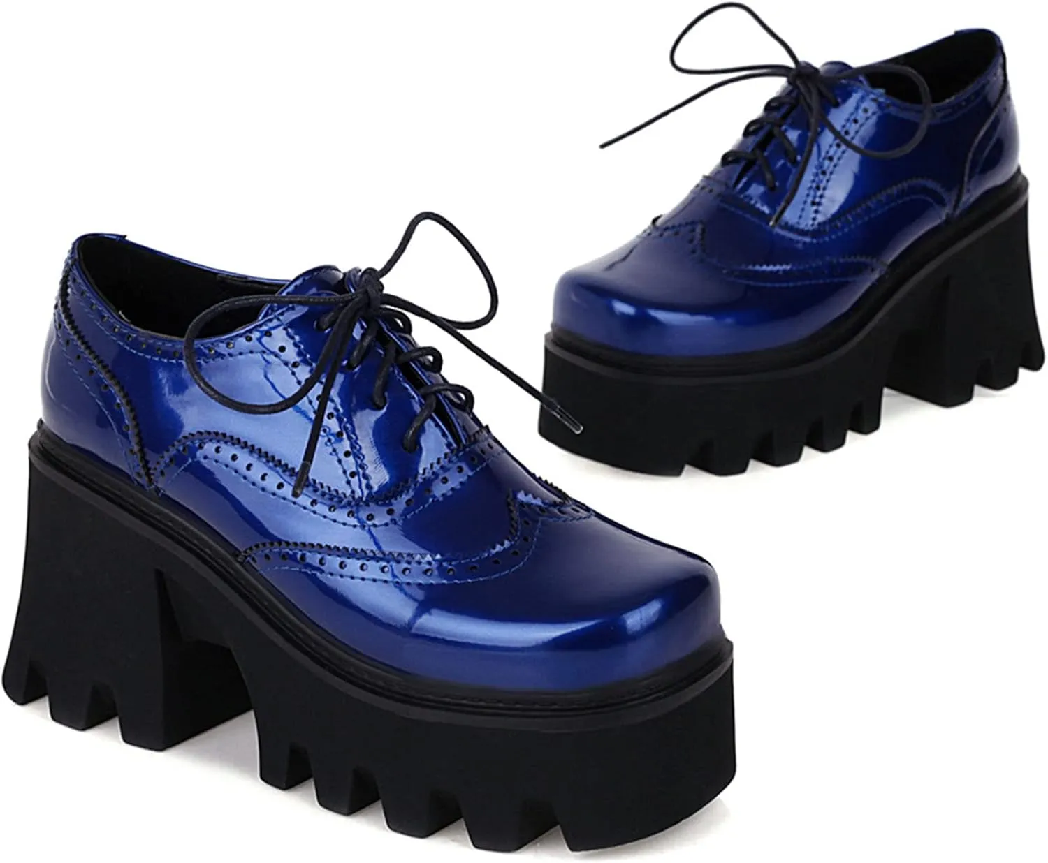 SHEMEE Women's Vintage Wingtip Oxfords Pumps Chunky Platform Block High Heel Round Toe Lace Up Gothic Brogue Shoes