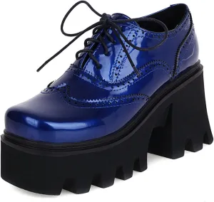 SHEMEE Women's Vintage Wingtip Oxfords Pumps Chunky Platform Block High Heel Round Toe Lace Up Gothic Brogue Shoes