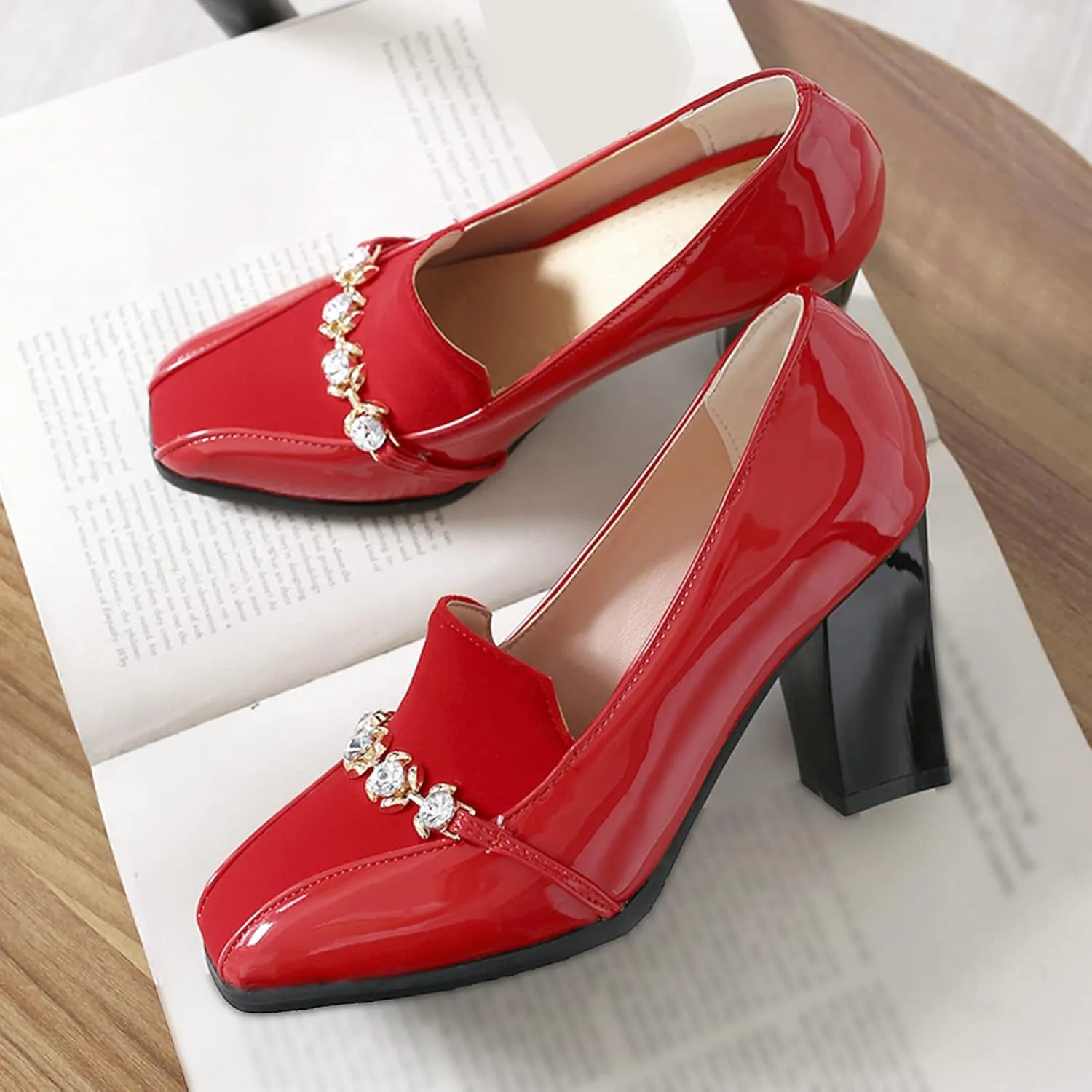 Shinelly Women High Heel Chunky Loafers Patent Leather Pumps with Bow