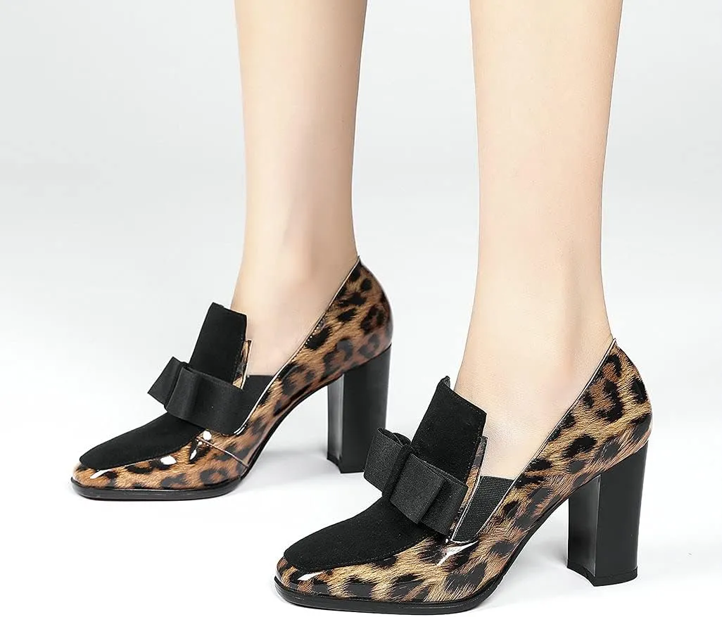 Shinelly Women High Heel Chunky Loafers Patent Leather Pumps with Bow
