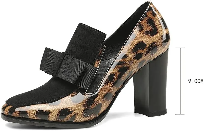 Shinelly Women High Heel Chunky Loafers Patent Leather Pumps with Bow