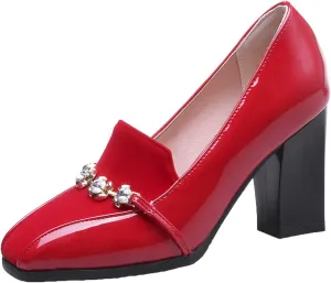 Shinelly Women High Heel Chunky Loafers Patent Leather Pumps with Bow