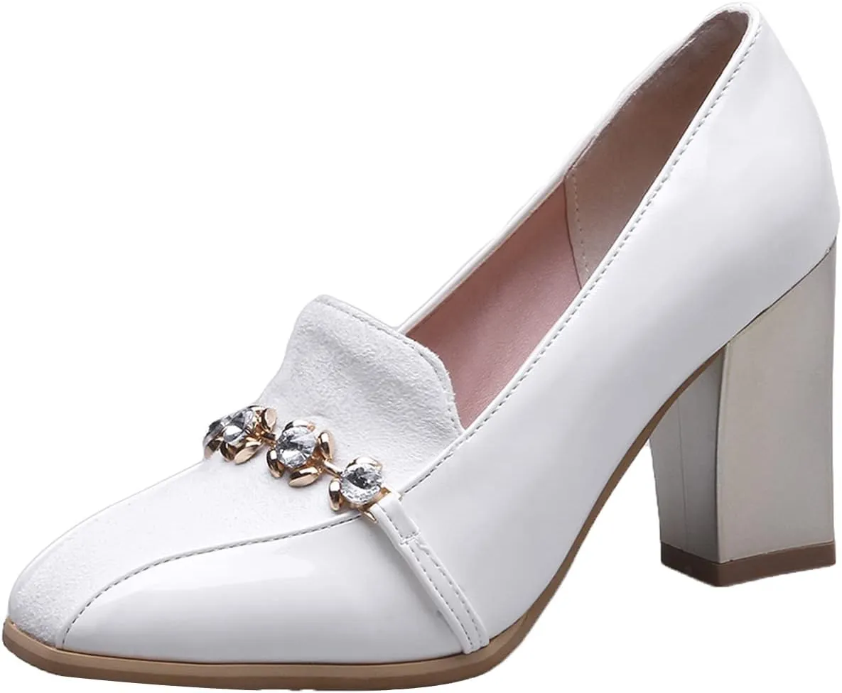 Shinelly Women High Heel Chunky Loafers Patent Leather Pumps with Bow