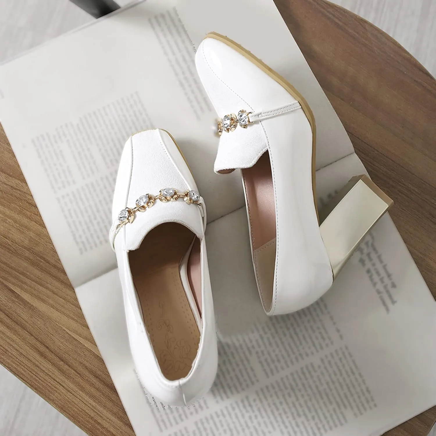 Shinelly Women High Heel Chunky Loafers Patent Leather Pumps with Bow