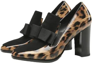 Shinelly Women High Heel Chunky Loafers Patent Leather Pumps with Bow