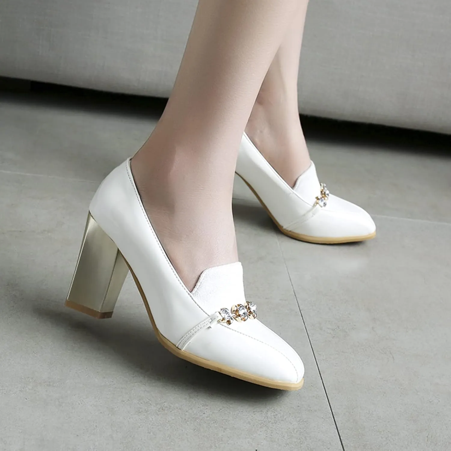 Shinelly Women High Heel Chunky Loafers Patent Leather Pumps with Bow