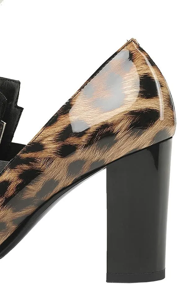 Shinelly Women High Heel Chunky Loafers Patent Leather Pumps with Bow