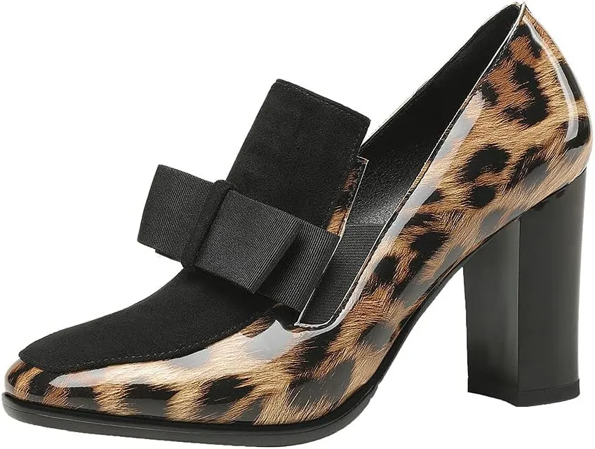 Shinelly Women High Heel Chunky Loafers Patent Leather Pumps with Bow