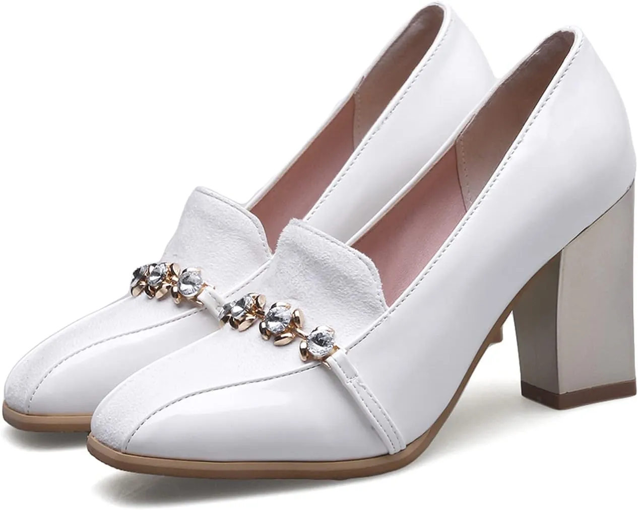 Shinelly Women High Heel Chunky Loafers Patent Leather Pumps with Bow