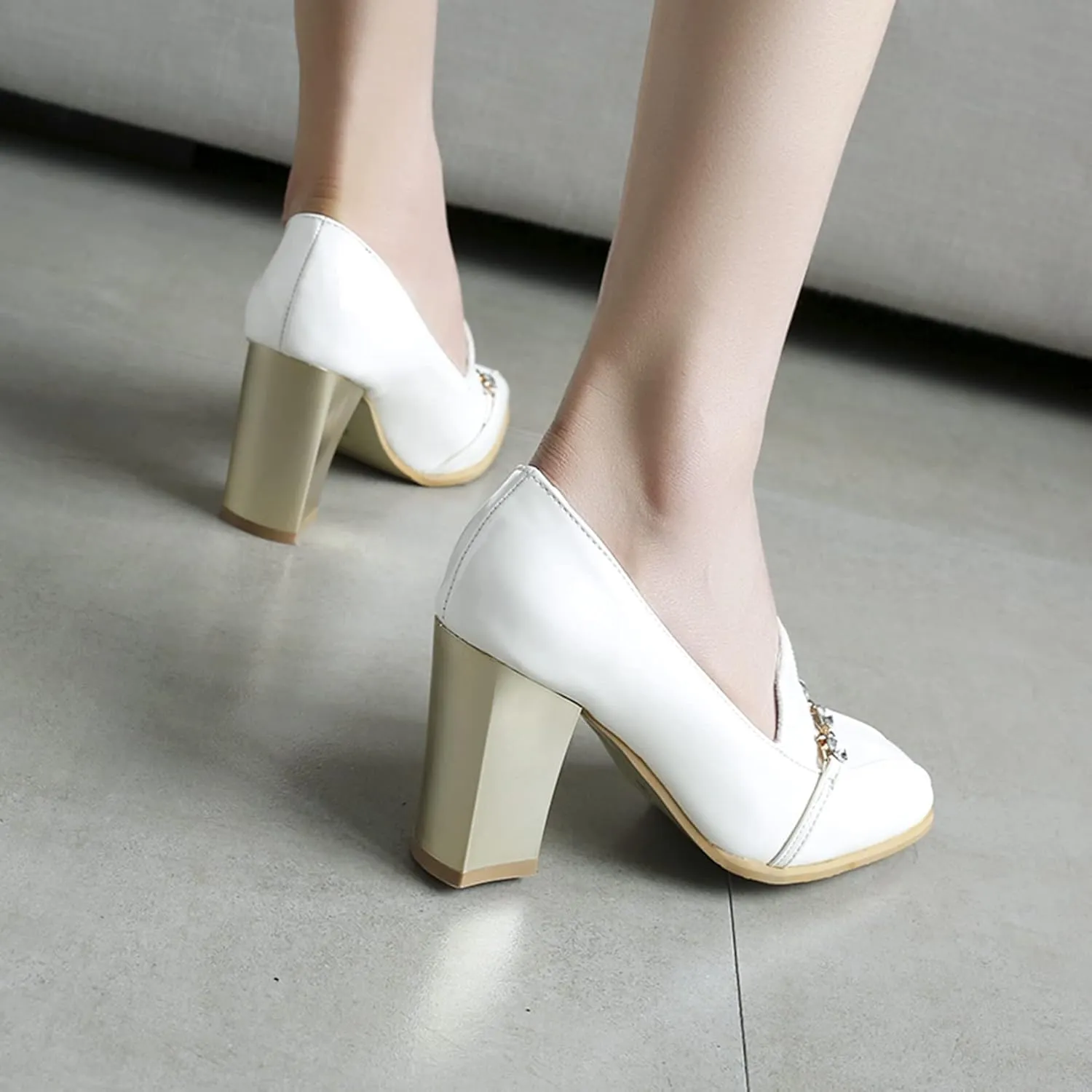 Shinelly Women High Heel Chunky Loafers Patent Leather Pumps with Bow