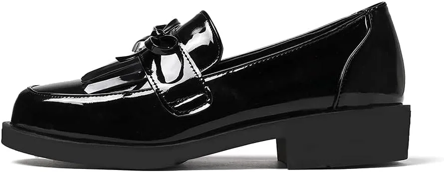 Shinelly Women Mid Heel Chunky Platform Patent Leather Loafers Tassel Shoes