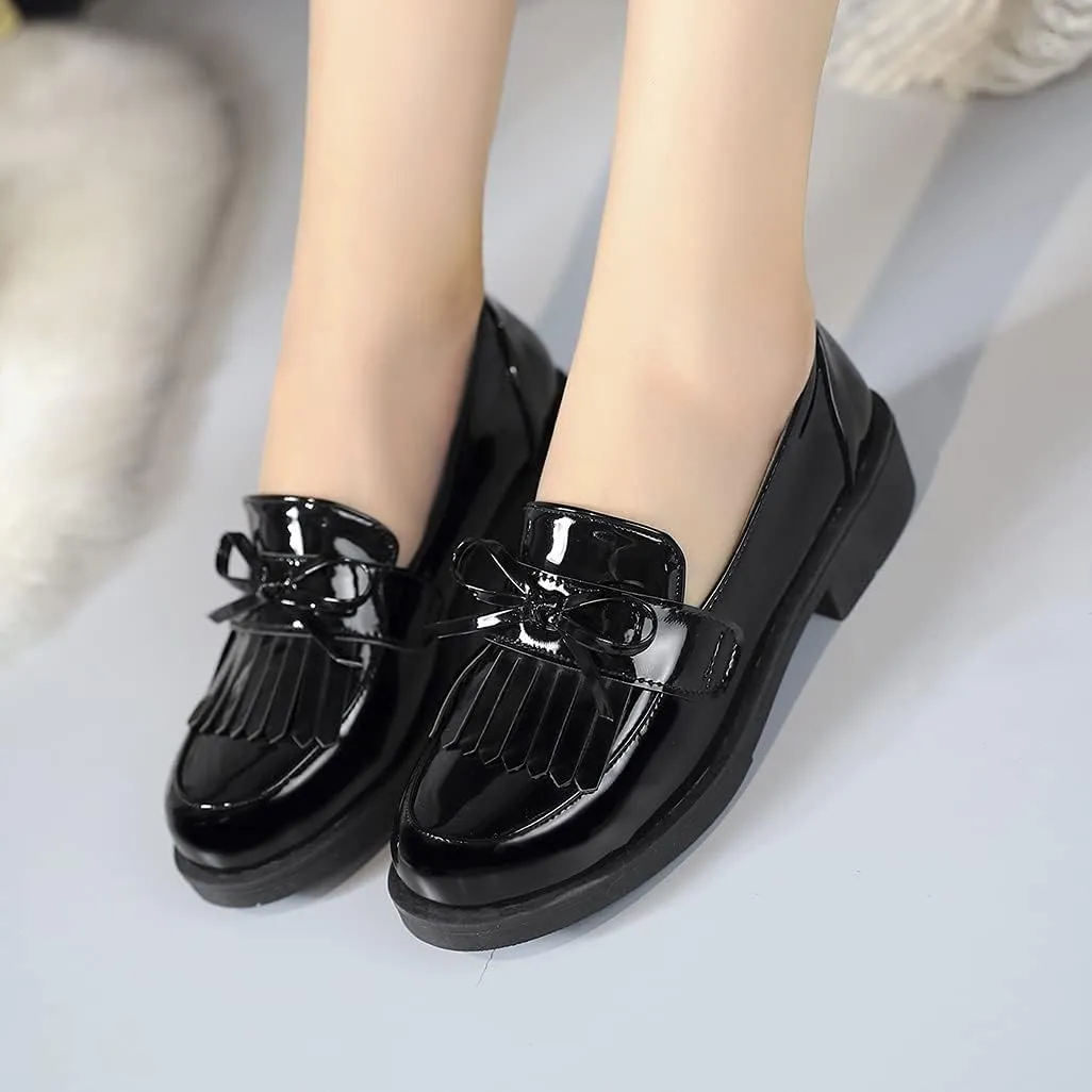Shinelly Women Mid Heel Chunky Platform Patent Leather Loafers Tassel Shoes