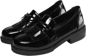Shinelly Women Mid Heel Chunky Platform Patent Leather Loafers Tassel Shoes