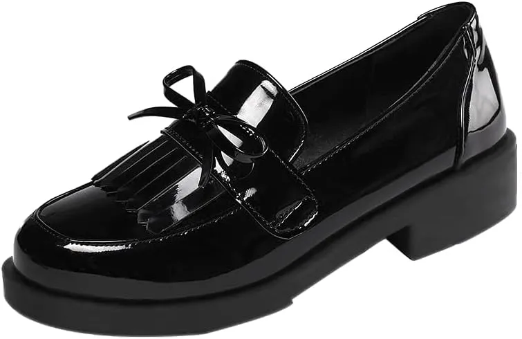 Shinelly Women Mid Heel Chunky Platform Patent Leather Loafers Tassel Shoes
