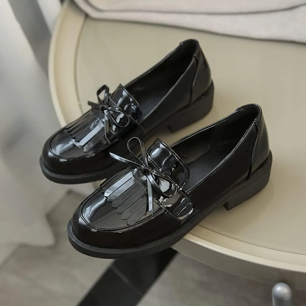 Shinelly Women Mid Heel Chunky Platform Patent Leather Loafers Tassel Shoes
