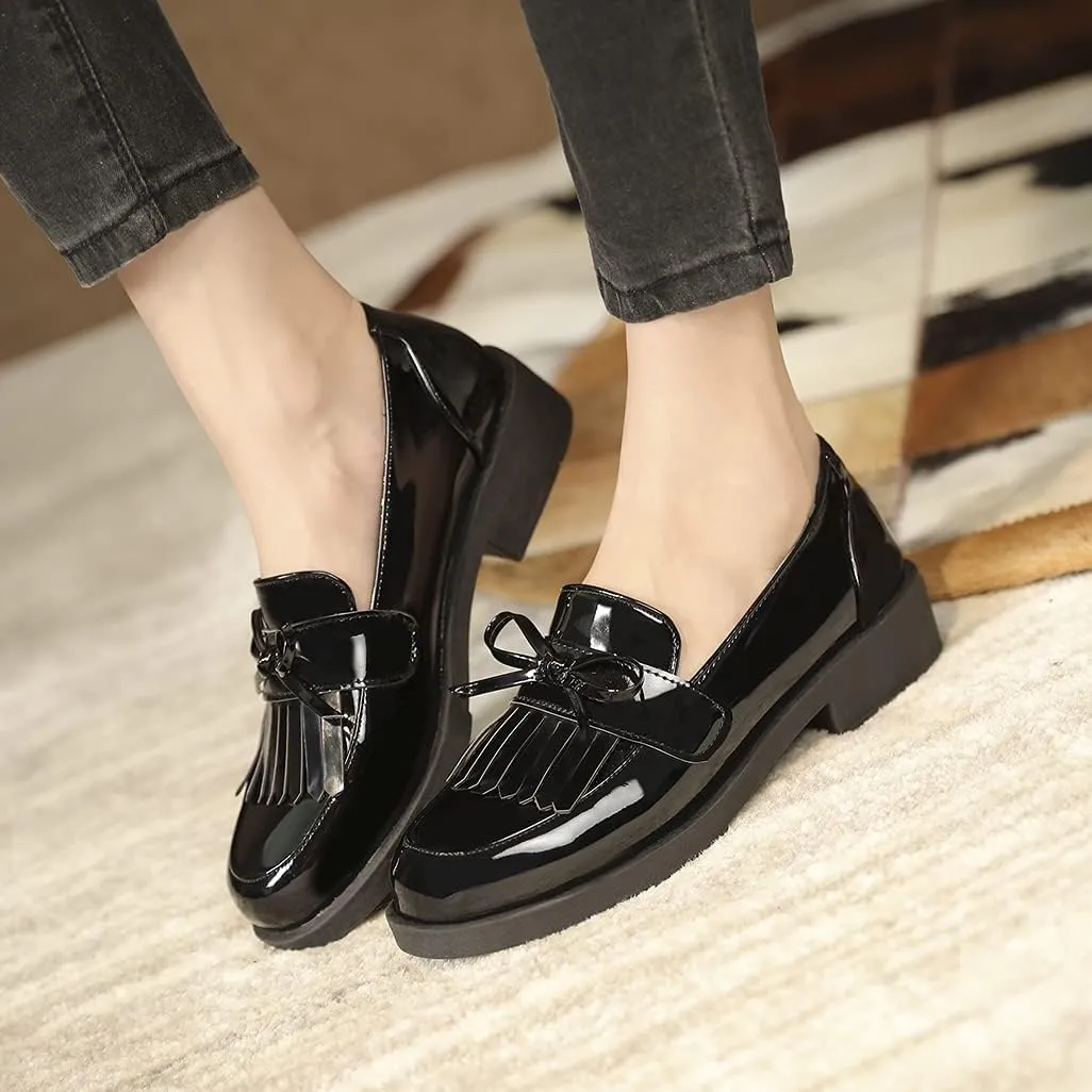 Shinelly Women Mid Heel Chunky Platform Patent Leather Loafers Tassel Shoes