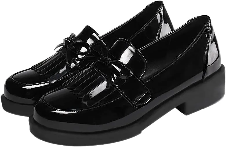 Shinelly Women Mid Heel Chunky Platform Patent Leather Loafers Tassel Shoes
