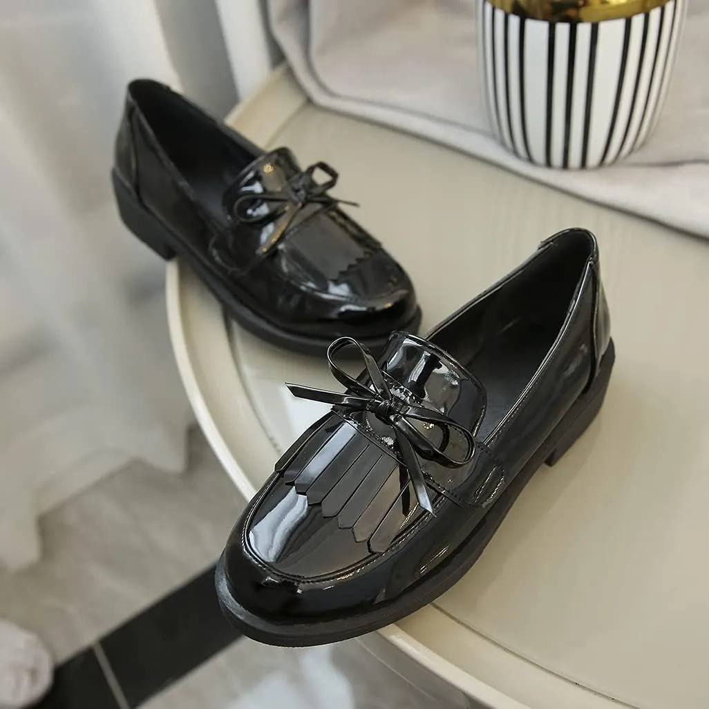 Shinelly Women Mid Heel Chunky Platform Patent Leather Loafers Tassel Shoes