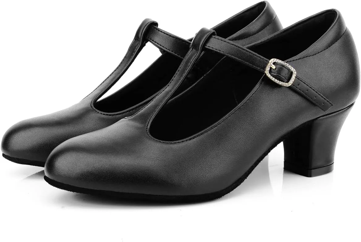 T-Strap Ballroom Dance Shoes Womens Salsa Character Pumps Dress Heels