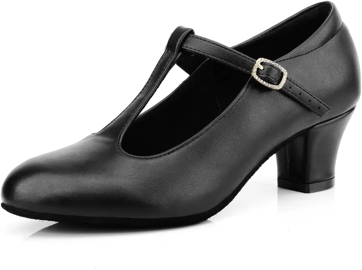 T-Strap Ballroom Dance Shoes Womens Salsa Character Pumps Dress Heels