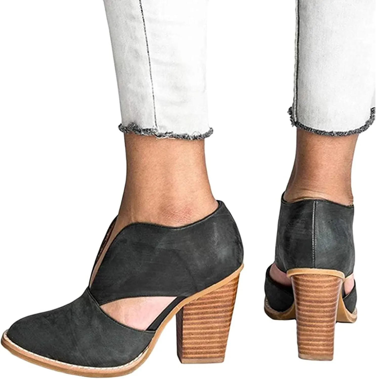 Temperament Shoes for Women Stacked Heel Cut Out Pointed Toe Sandals Faux Leather Shoes Elegant Ultra Go Sandals Women