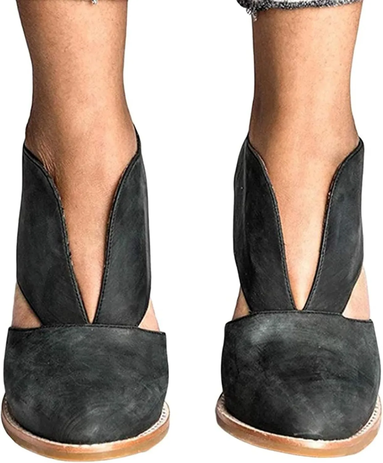 Temperament Shoes for Women Stacked Heel Cut Out Pointed Toe Sandals Faux Leather Shoes Elegant Ultra Go Sandals Women