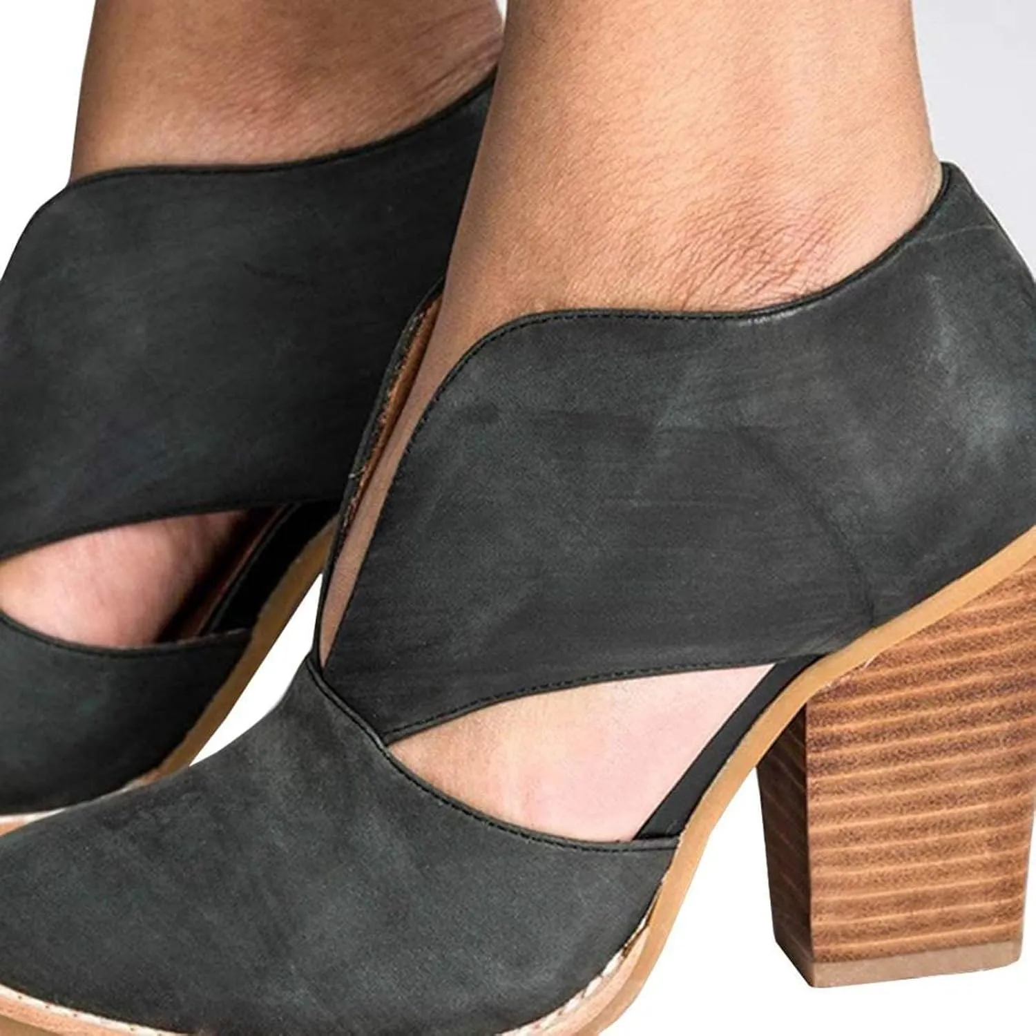 Temperament Shoes for Women Stacked Heel Cut Out Pointed Toe Sandals Faux Leather Shoes Elegant Ultra Go Sandals Women