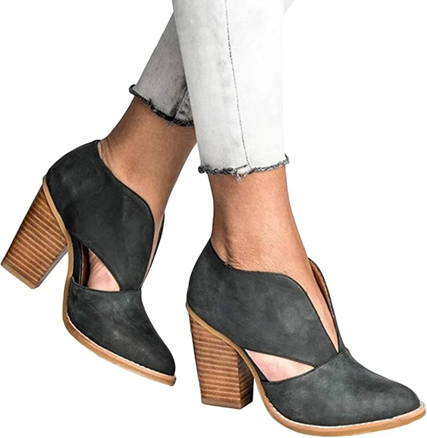 Temperament Shoes for Women Stacked Heel Cut Out Pointed Toe Sandals Faux Leather Shoes Elegant Ultra Go Sandals Women