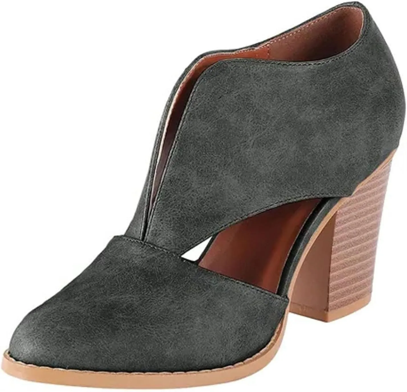 Temperament Shoes for Women Stacked Heel Cut Out Pointed Toe Sandals Faux Leather Shoes Elegant Ultra Go Sandals Women