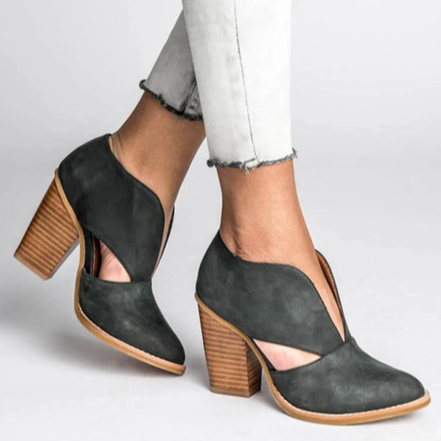 Temperament Shoes for Women Stacked Heel Cut Out Pointed Toe Sandals Faux Leather Shoes Elegant Ultra Go Sandals Women