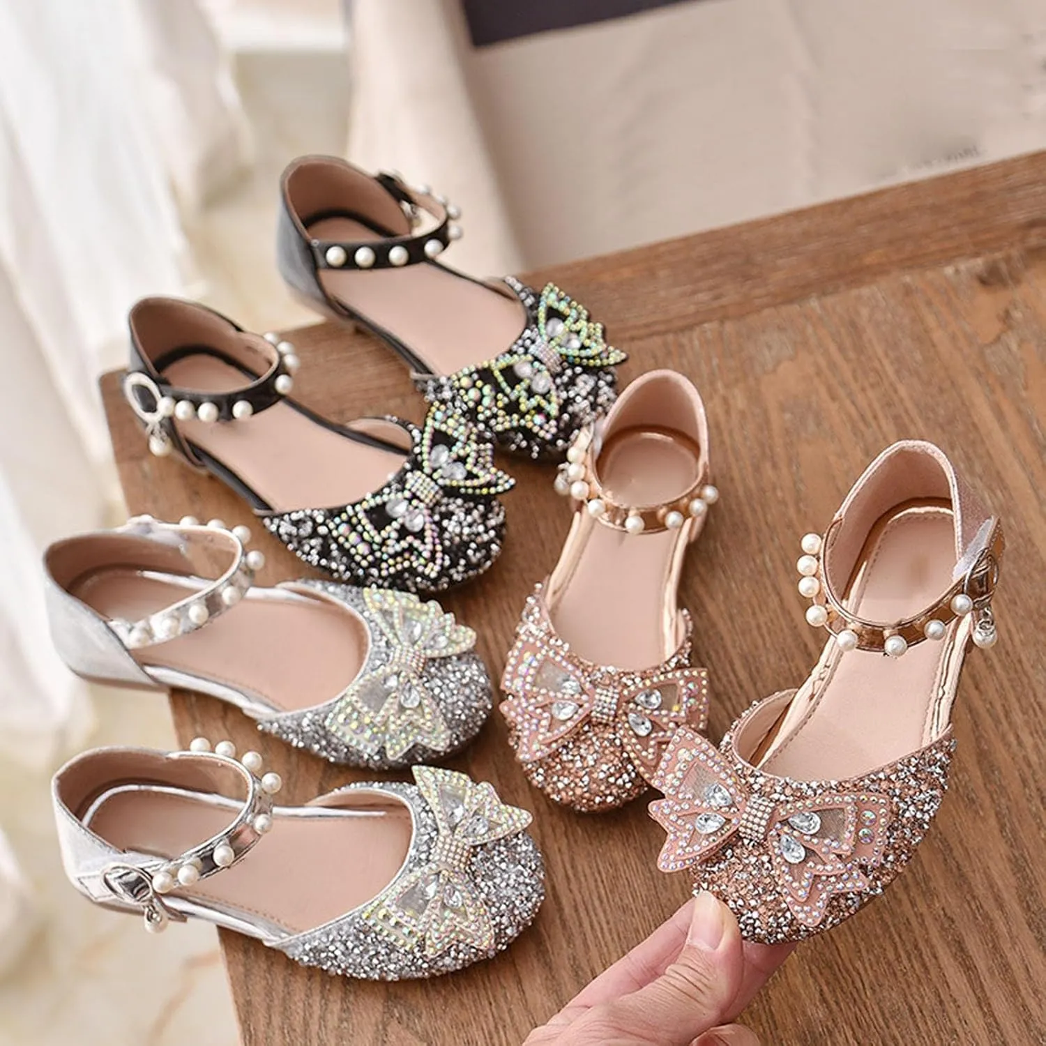 Toddler Flower Girl Dress Shoes Rhinstones Bow Mary Jane Ballet Flats Wedding Party Little Mary Jane Shoes for Girls