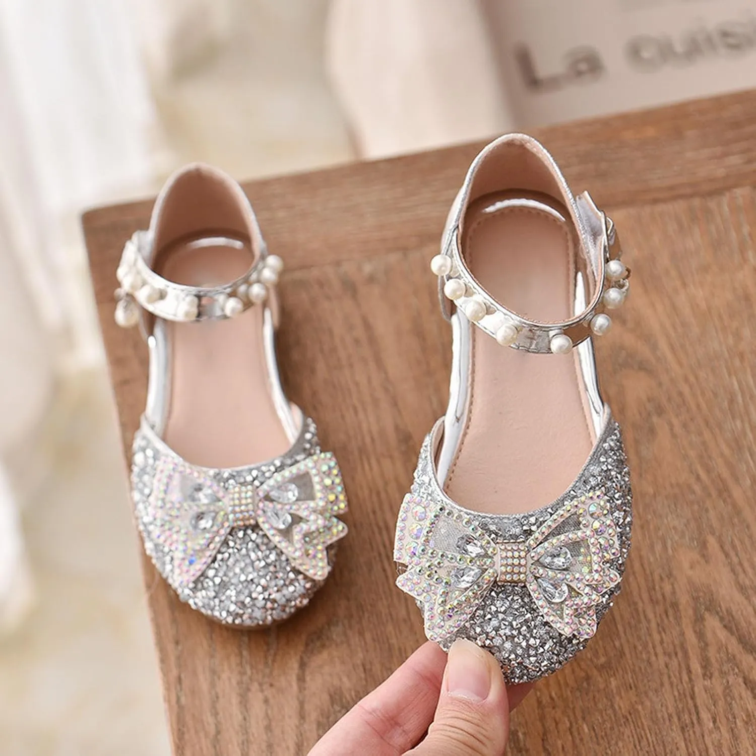 Toddler Flower Girl Dress Shoes Rhinstones Bow Mary Jane Ballet Flats Wedding Party Little Mary Jane Shoes for Girls
