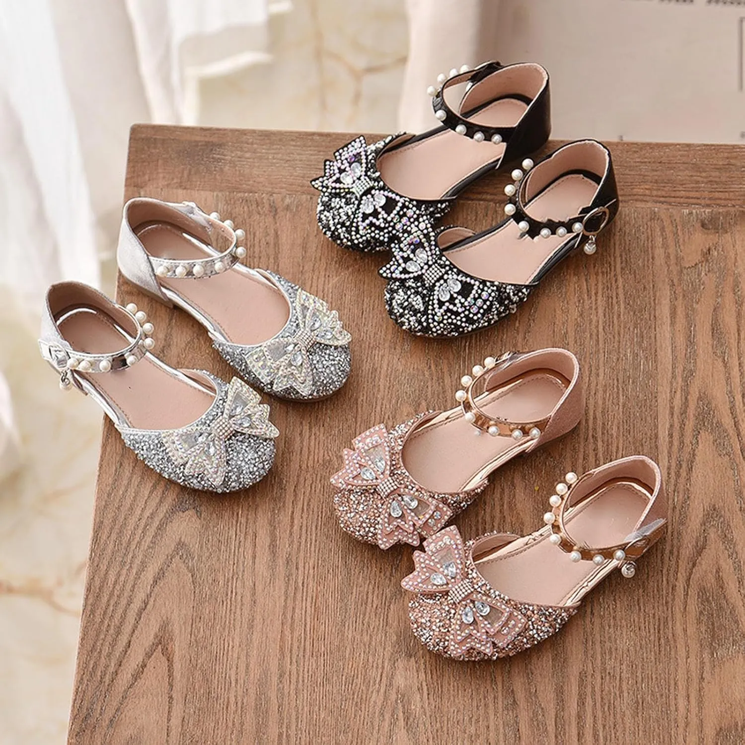 Toddler Flower Girl Dress Shoes Rhinstones Bow Mary Jane Ballet Flats Wedding Party Little Mary Jane Shoes for Girls