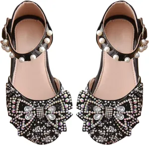 Toddler Flower Girl Dress Shoes Rhinstones Bow Mary Jane Ballet Flats Wedding Party Little Mary Jane Shoes for Girls