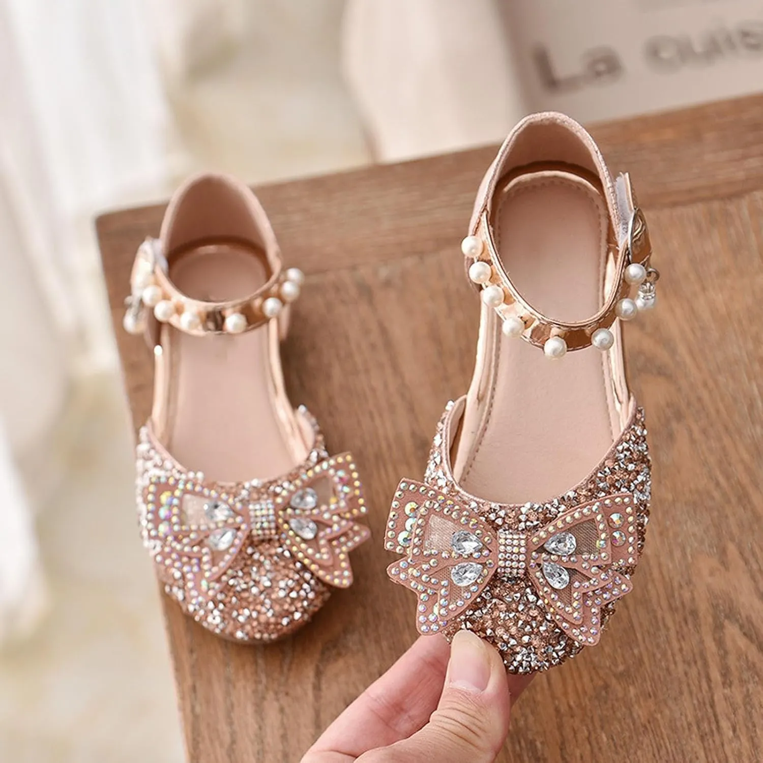 Toddler Flower Girl Dress Shoes Rhinstones Bow Mary Jane Ballet Flats Wedding Party Little Mary Jane Shoes for Girls