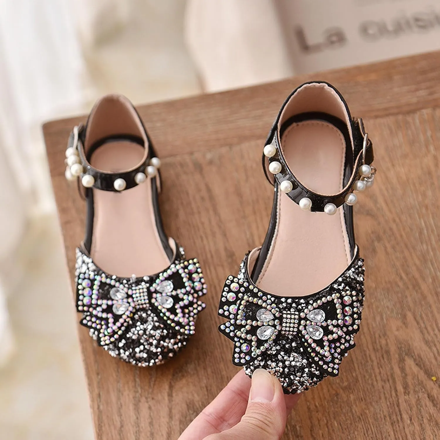 Toddler Flower Girl Dress Shoes Rhinstones Bow Mary Jane Ballet Flats Wedding Party Little Mary Jane Shoes for Girls