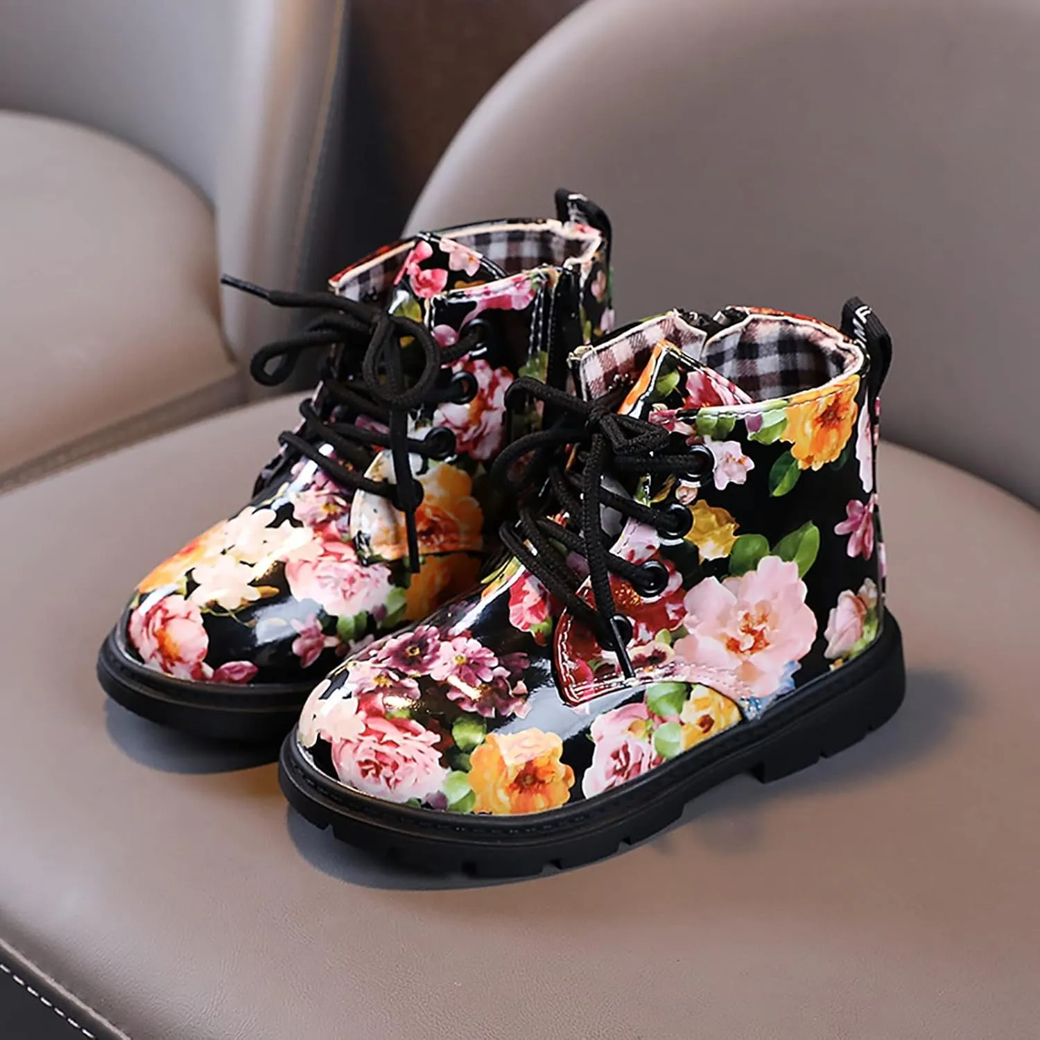 Toddler Girls Boots helsea aterproof Ankle Booties Floral Prints Chunky Heel Lug Sole Elastic Fashion Shoes