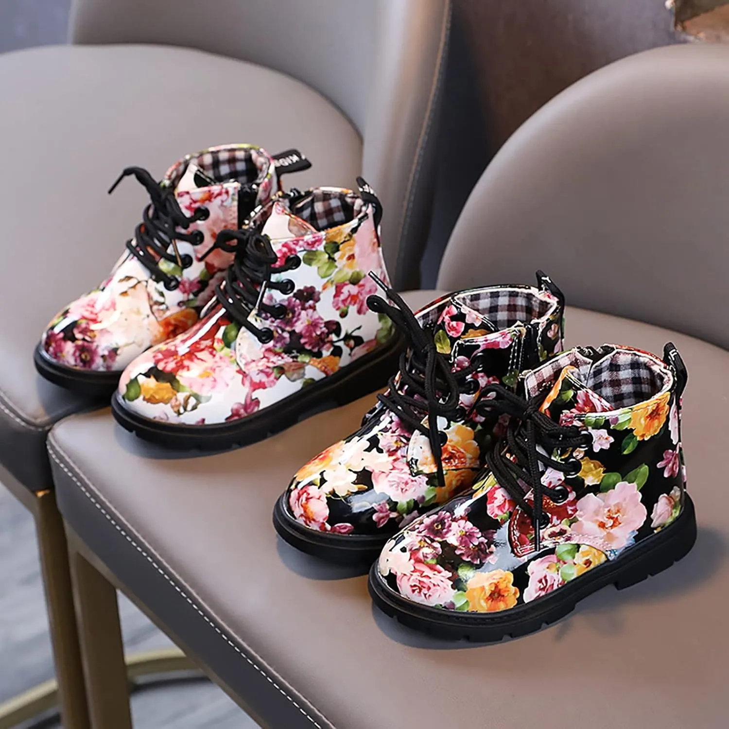 Toddler Girls Boots helsea aterproof Ankle Booties Floral Prints Chunky Heel Lug Sole Elastic Fashion Shoes