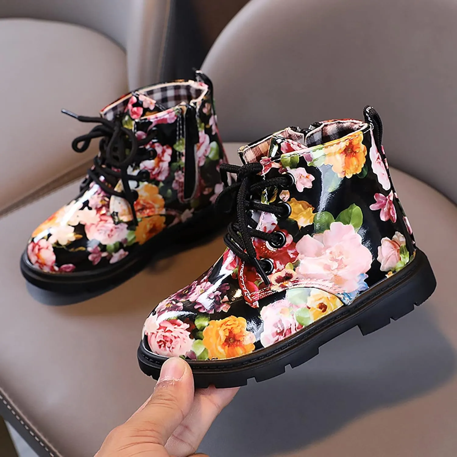 Toddler Girls Boots helsea aterproof Ankle Booties Floral Prints Chunky Heel Lug Sole Elastic Fashion Shoes