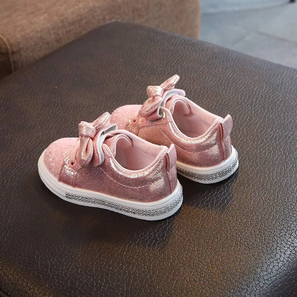 Toddler Girls Sneakers Little Girls Slip On Shoes Glitter Sneakers Bow Kids Fashion Outdoor Walking Sneakers