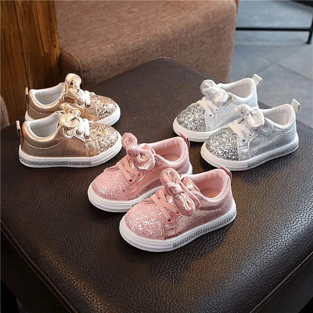 Toddler Girls Sneakers Little Girls Slip On Shoes Glitter Sneakers Bow Kids Fashion Outdoor Walking Sneakers