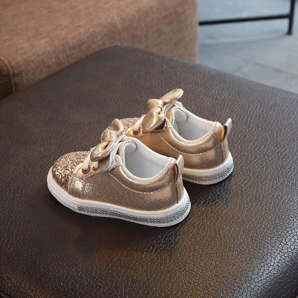 Toddler Girls Sneakers Little Girls Slip On Shoes Glitter Sneakers Bow Kids Fashion Outdoor Walking Sneakers