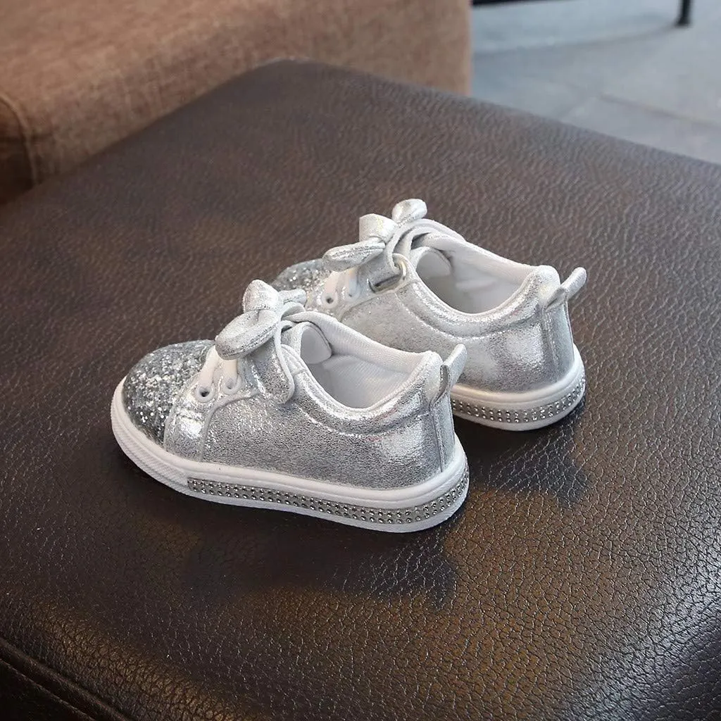 Toddler Girls Sneakers Little Girls Slip On Shoes Glitter Sneakers Bow Kids Fashion Outdoor Walking Sneakers