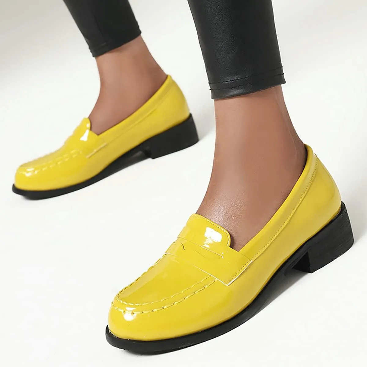 Uniquelly Womens Chunky Heel Penny Loafers Patent Leather Pumps Slip On Round Toe Fashion Shoes