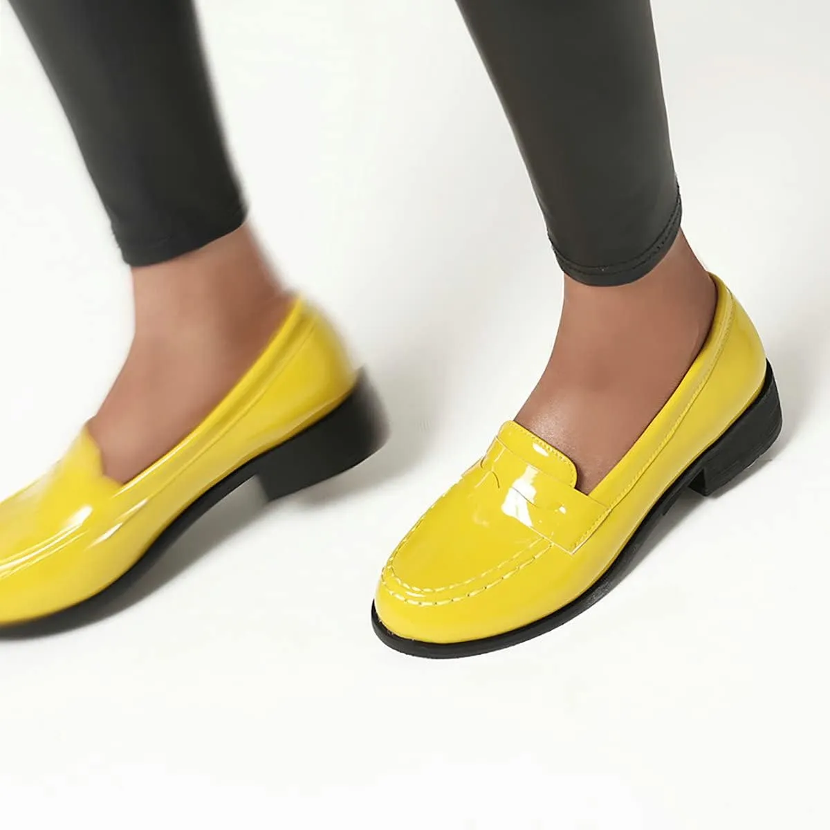 Uniquelly Womens Chunky Heel Penny Loafers Patent Leather Pumps Slip On Round Toe Fashion Shoes