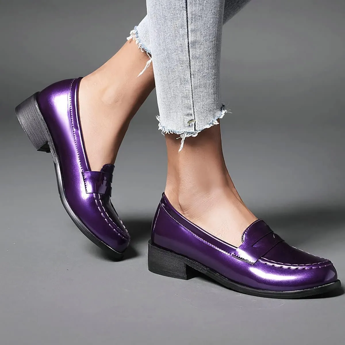 Uniquelly Womens Chunky Heel Penny Loafers Patent Leather Pumps Slip On Round Toe Fashion Shoes