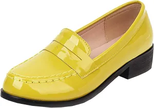 Uniquelly Womens Chunky Heel Penny Loafers Patent Leather Pumps Slip On Round Toe Fashion Shoes