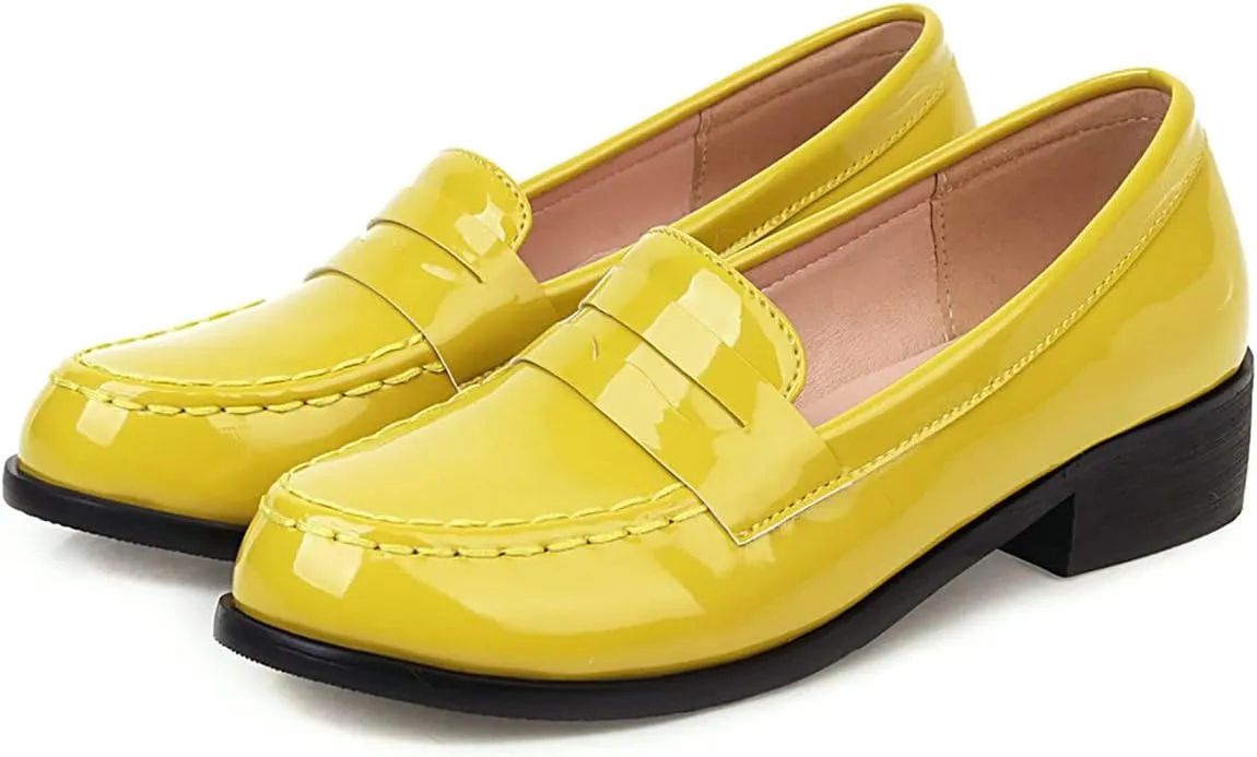 Uniquelly Womens Chunky Heel Penny Loafers Patent Leather Pumps Slip On Round Toe Fashion Shoes